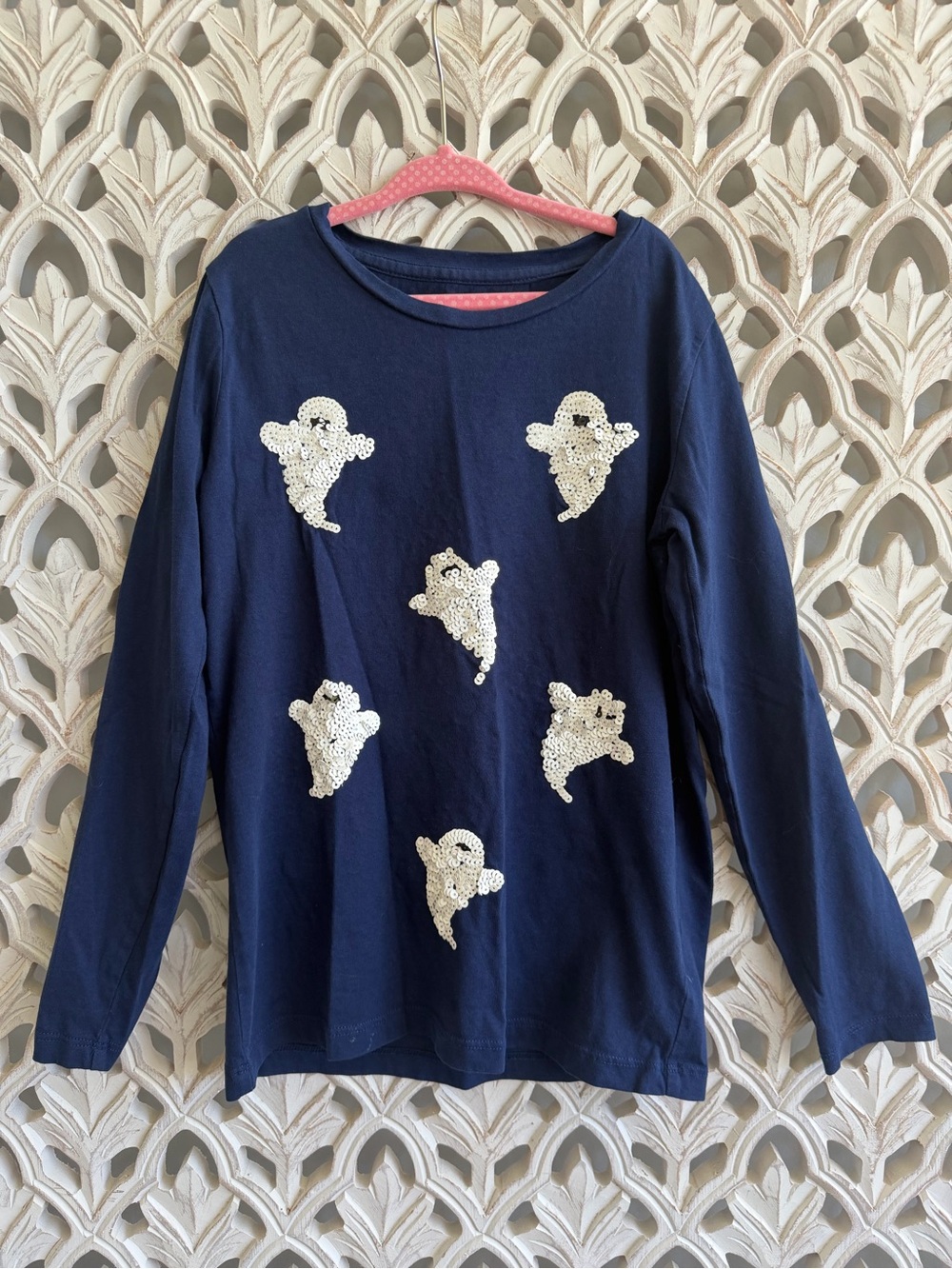 J.Crew Crewcuts Girls Halloween Sequin Ghost Shirt Size 8-9 Navy Long Sleeve